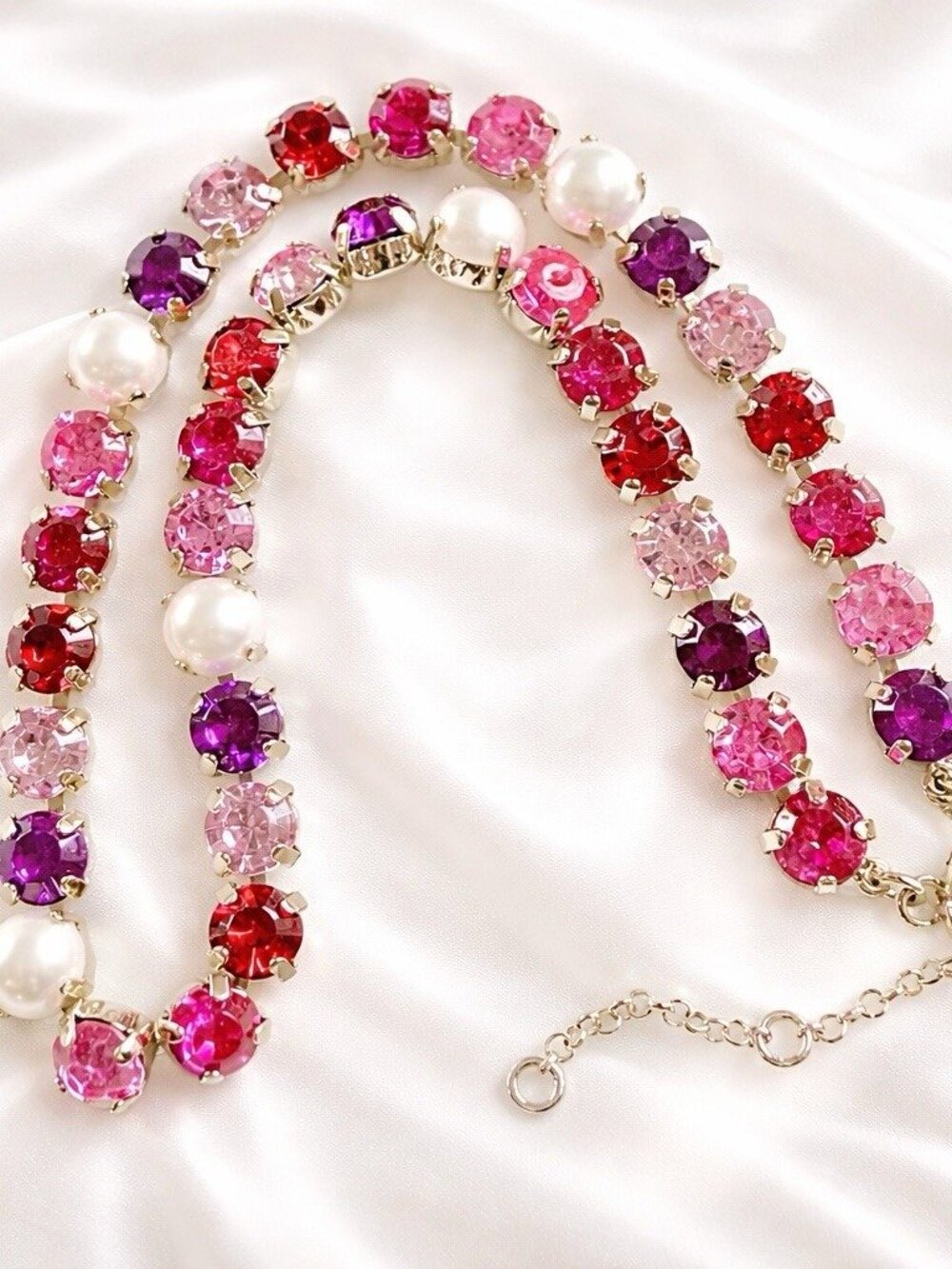 J Crew Rhinestone Faux Pearl Choker Necklace Pink Red Purple